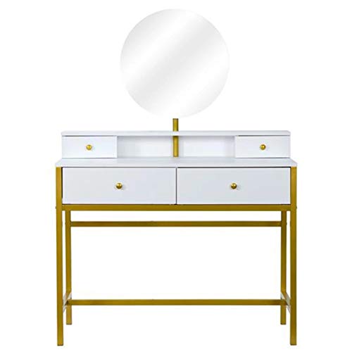 Lwieui Tocador Mesa de Maquillaje de Dormitorio con 4 cajones de tocador de Madera de Moda Blanca y Espejo Redondo. Dressing Muebles Vanidad (Color : White, Size : 100x45x87cm)