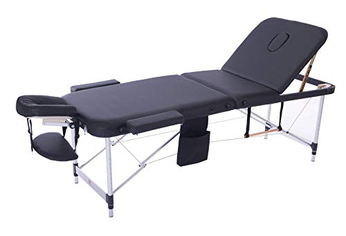 MASSUNDA COMFORT LIGHT Camilla de masaje portátil y ajustable en altura, estructura de aluminio plegable, apoyabrazos y respaldo, almohada para el cuello, reposacabezas ergonómico (Negro)