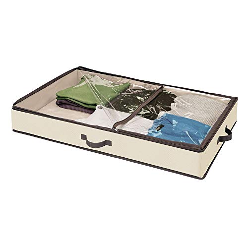 mDesign Cajón para debajo de la cama – Caja organizadora con tapa transparente para ropa, sábanas, etc. – Organizador de ropa para un almacenaje bajo la cama libre de polvo – crema y marrón café