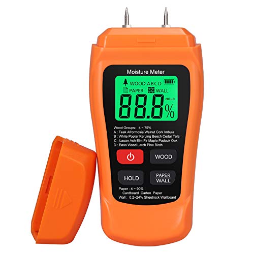 Medidor de Humedad para Madera Humidímetro Digital para 4 Tipos de Madera Modo de Papel y Pared Pantalla LCD Retroiluminación Medición Humedad para Capintería Construcción -Naranja