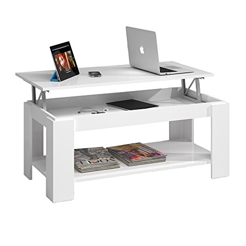 Mesa Centro con revistero, Mesa elevable, mesita Mueble Salon Comedor Acabado en Blanco Brillo, Medidas: 102 cm (Largo) x 43/54 cm (Alto) x 50 cm (Fondo)