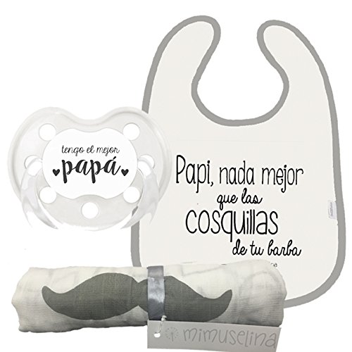 Mimuselina Pack Regalo Día del Padre | Regalo para Papás y Bebés, Muselina Algodón, Chupete y Babero para Papi y Bebé, Ideal para Papás Primerizos