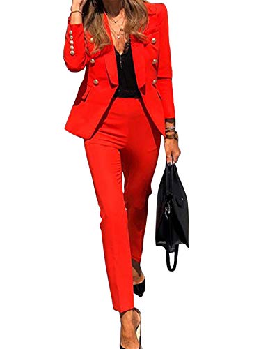 Minetom Mujer Blazer Y Pantalones Dos Piezas Set Elegantes Manga Larga Slim Fit Chaqueta De Traje Oficina Negocios Conjunto A Rojo 38