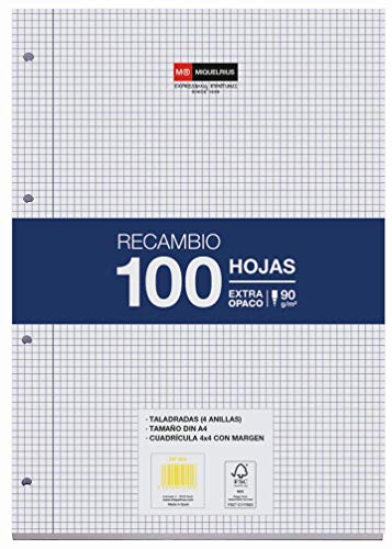 Miquel Rius Recambio 100 Hojas, Cuadrícula de 4 mm y margen. Tamaño A4, 4 Taladros, Papel de 90 gr