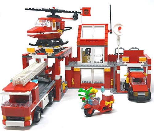 Modbrix Estación de bomberos con bloques de construcción, gran City bomberos, guardia con carro de escalera, carro guía de uso y helicóptero de bomberos