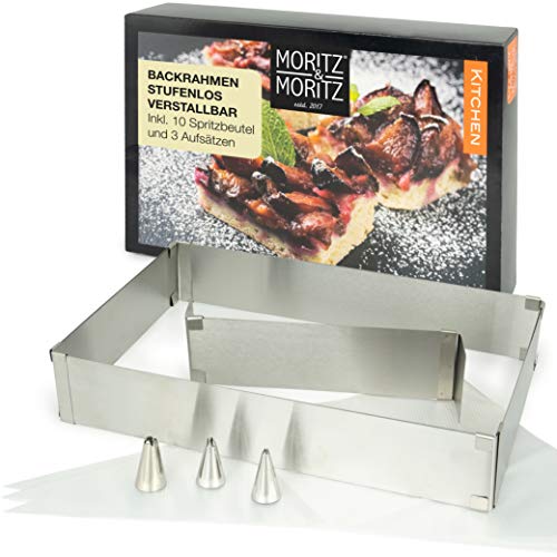Moritz & Moritz Molde Extensible Rectangular para Hornear de Acero Inoxidable - Con 10 Mangas Pasteleras y 3 Accesorios - Tamaño Ajustable - Para Hornear y Decorar Moritz & Moritz Molde Extensible Rectangular para Hornear de Acero Inoxidable - Con 10 Mangas Pasteleras y 3 Accesorios - Tamaño Ajustable - Para Hornear y Decorar
