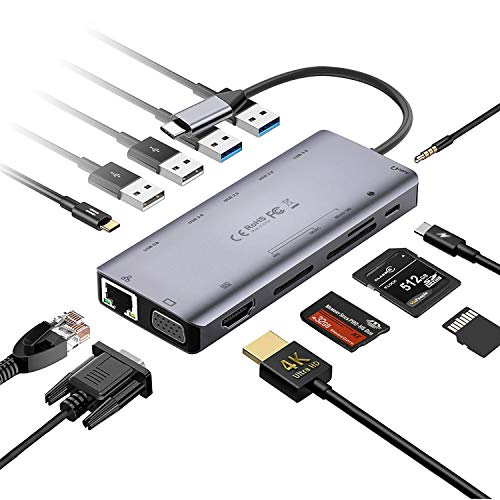 MVPower Hub USB C concentrator con 13 puertos, con 4K Ultra HD, Gigabit Ethernet RJ45, 100W PD, datos USB C, 2 USB 2.0, 2 USB 3.0, lector de tarjetas SD / SCXC / MS , Audio de 3,5 mm, VGA