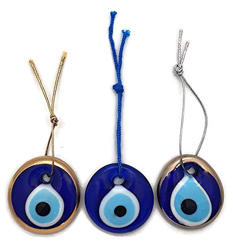 MYSTIC JEWELS 3 Ojos para Colgar - Cristal contra el Mal de Ojo Azul y Blanco en 3 Colores, Color Azul clásico, Color Dorado y Color Plateado Alrededor