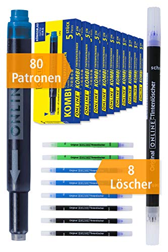 Online Pack ahorro de 80 cartuchos de tinta y 8 borradores de tinta, cartuchos universales de gran capacidad en azul real, borrables, lavables, borrables y borrables