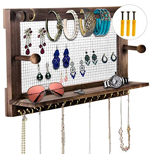 Organizador de joyas Pozean rústico de montaje en pared, soporte de joyería de madera con 16 ganchos para sujetar pendientes, collares, pulseras y otros accesorios (incluidos 2 tornillos y anclas)