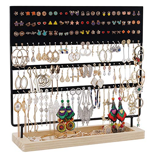 Organizador de pendientes, soporte para joyas y pendientes, expositor de pendientes, expositor para pendientes, pendientes y pendientes largos con estante de madera, 144 agujeros, color negro