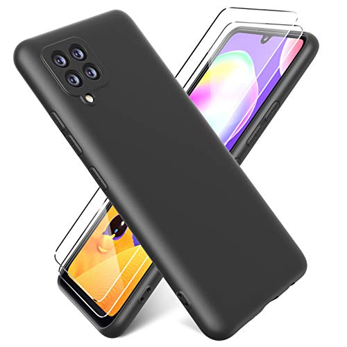 Oududianzi - Funda para Samsung Galaxy A42 5G con 2 Pack Protector de Pantalla de Vidrio Templado, Funda de Silicona Líquida Suave Case de Goma Ultrafina a Prueba de Choques de Color Puro - Negro