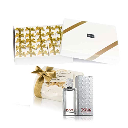 Pack 25 mini perfumes de mujer como detalles de Primera Comunión para invitados Tous Eau de toilette 4,5 ml. original en baul comunion y tarjeta personalizada
