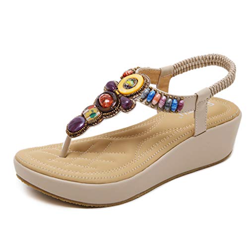 para Mujer Sandalias Alpargata Cuñas Plataforma T-Correa Peep Toe Roman Flip Flop Playa Bohemia Punta Abierta Slingback Zapatos de Verano para Damas Tamaño Albaricoque EU 38