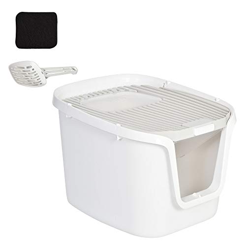 Pawhut Caja de Arena para Gatos con Diseño de Doble Puerta Arenero Caja Desodorizante de Carbón Activado Pala Equipada Amplio Espacio 55,5x44,5x38,3 cm Blanco