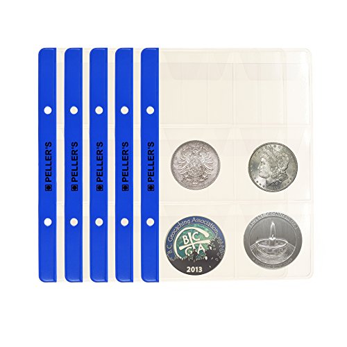 PELLER'S Hojas con 6 compartimentos para monedas: 55mm X 55mm (para álbum tipo S). Paquete de 10. Para monedas de hasta 48mm de diámetro.