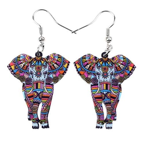 Pendientes de gota con diseño de elefante impreso en acrílico con estampado floral moderno en color turquesa multicolor Pendientes de gota con diseño de elefante impreso en acrílico con estampado floral moderno en color turquesa multicolor