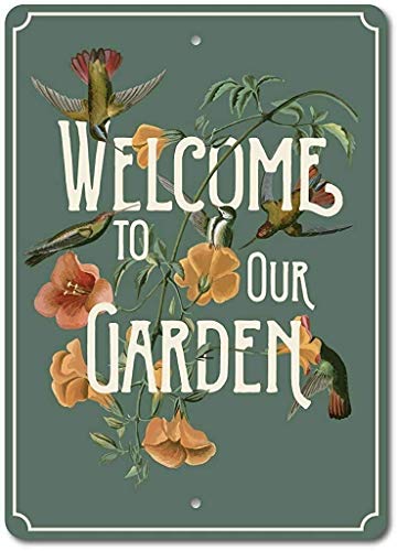 Placa de metal de 20,3 x 30,5 cm, con texto en inglés "Welcome to Our Garden", decoración vintage