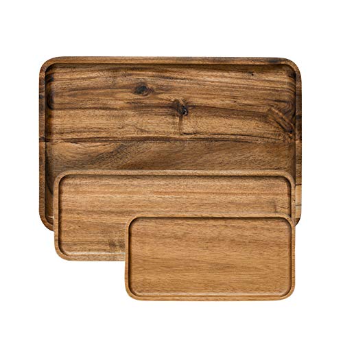 Platos de madera de acacia para comida, juego de 3, platos y bandejas de madera maciza para servir, plato de madera de acacia tallada a mano, servidor apto para alimentos, para sándwiches, ensalada