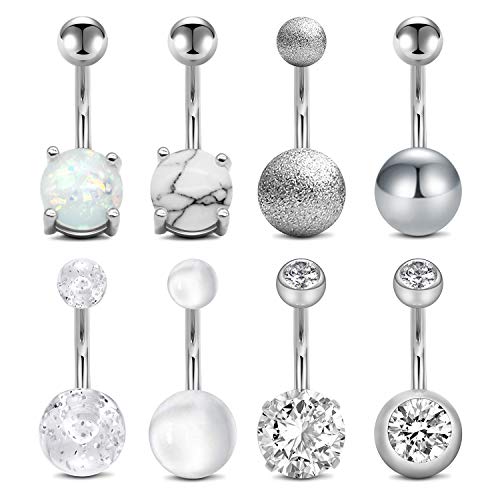 Rajnar 14G 10mm Piercing ombligo de plata de acero quirúrgico con mármol ópalo diamante para mujeres y niñas 8 piezas de joyería Piercing