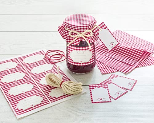 Readyprint Juego decorativo para 16 tarros de mermelada y mermelada con cubretarros de tela, etiquetas, etiquetas y cordel – Tot. 65 unidades.
