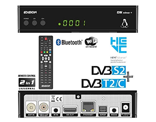 Receptor Edision OS Nino+ Full HD Linux E2 Combo - H.265/HEVC (1 DVB-S2, 1 DVB-T2/C, WLAN, Bluetooth, 2 USB, HDMI, LAN, Linux, Lector de Tarjetas), Color Negro