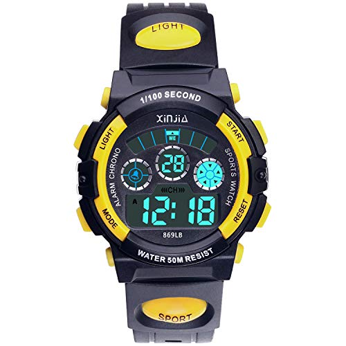 Reloj Digital para Niños,Niños Niñas 50M (5ATM) Impermeable 7 Colores LED Relojes Deportivos Multifuncionales para Exteriores con Alarma (Negro Amarillo)
