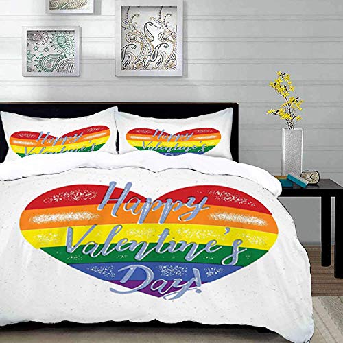 ropa de cama - Juego de funda nórdica, Vintage Rainbow, Feliz día de San Valentín Cita en parejas de corazones de colores angustiados LGBTI, Mult, Conjunto de funda nórdica de microfibra con 2 Funda d