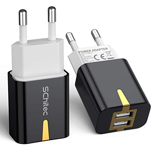 SCHITEC Cargador USB,2 Puertos 5V / 2.1A Cargador de Pared USB Adaptador de Corriente para Enchufe USB de Viaje en el hogar para iPhone XS/XR,iPad,LG G5,Samsung Galaxy S8 S9,Huawei (Noir-2 Pack)