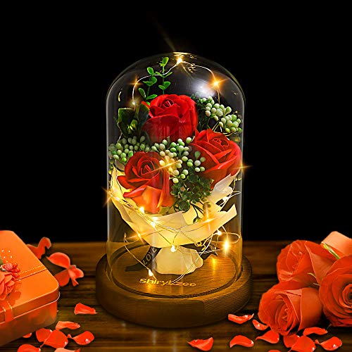 Shirylzee - Rosa eterna artificial en cúpula de cristal con base de pino y luces LED, ideal para regalo