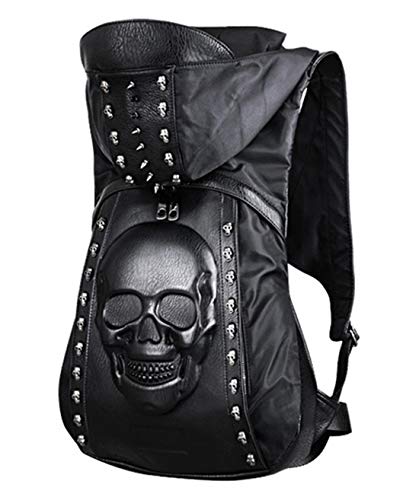 Skull Punk Art Fashion Mochila con capucha remache tachonado Biker Monedero gótico 3D Skull PU Librero de cuero Python Daypack Bolsa de hombro Bolsa de escuela portátil