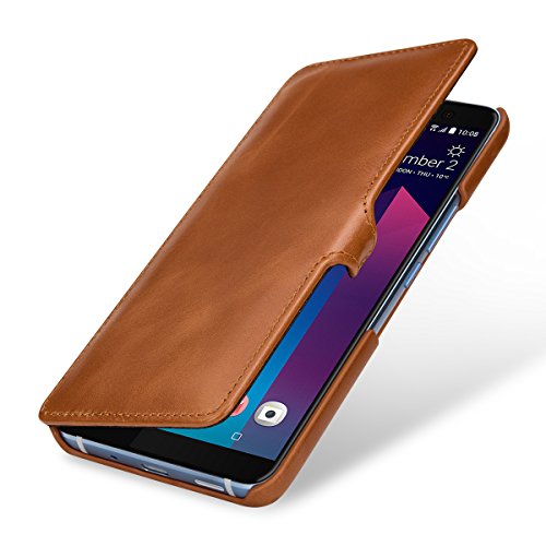 StilGut Book Type Case, Funda de Piel para su HTC U11+. Flip Case con Cierre Clip de Cuero, Cover para su Original HTC U11 Plus, Cognac Marrón