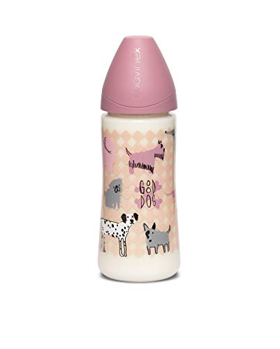 Suavinex - Biberón para bebés +4 meses. con tetina flujo Denso (para papillas) de látex. color Perritos Rosa, 360ml Suavinex - Biberón para bebés +4 meses. con tetina flujo Denso (para papillas) de látex. color Perritos Rosa, 360ml