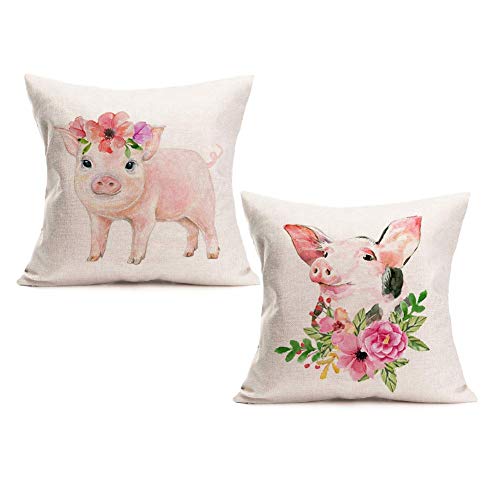 Sweet grape Lovely Pig Floral Pillow Covers Set of 2 for Home Decor Adorable Pink Pig with Flower Leaves Dercorative Cotton Linen Throw Pillows Farmhouse Poultry Cushion Cases 18x18 for Sofa Bedding