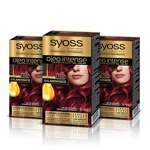 Syoss Oleo Intense - Tono 5-92 Rojo Intenso (Pack De 3) – Coloración permanente sin amoníaco – Resultados de peluquería – Cobertura profesional de canas
