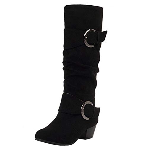 TAONEEF Mujer Botas Altas Cremallera Botas Plisadas Tacón Medio Botas Daily Black Talla 41 Asian