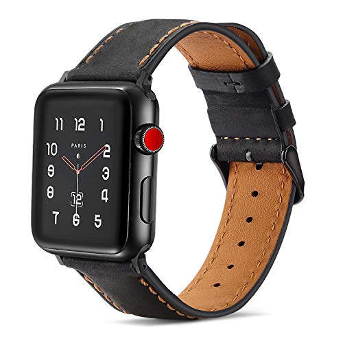 Tasikar Correas para Correa Apple Watch 44mm 42mm Diseño de Cuero Genuino Correa de Repuesto Compatible con Apple Watch SE Series 6 Series 5 Series 4 (44mm) Series 3/2/1 (42mm) - Negro
