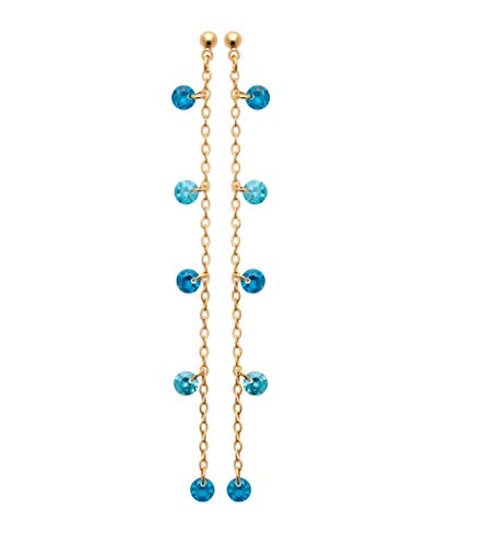 Tata Gisèle - Pendientes colgantes chapados en oro de 18 quilates – Cadena larga adornada con óxido de circonio azul – Bolsa de terciopelo de regalo