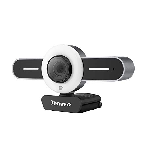 Tenveo T1 HD 1080P Webcam, Cámara, 2 Micrófonos incorporados, Luces de Anillo, Ajuste de Brillo de 3 Niveles, Diseñado para Cursos en Línea Social Juegos Office Webcasting. (Gris)