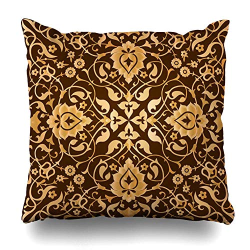 Throw Pillow Cover Pattern Gold Arabic Vintage Bohemian Turkey Boho Ceramic Culture Ethnic Design Turkish Home Decor Pillow Case Square Zippered Pillowcase Fundas para Almohada 24x24Inch(60cmx60cm)