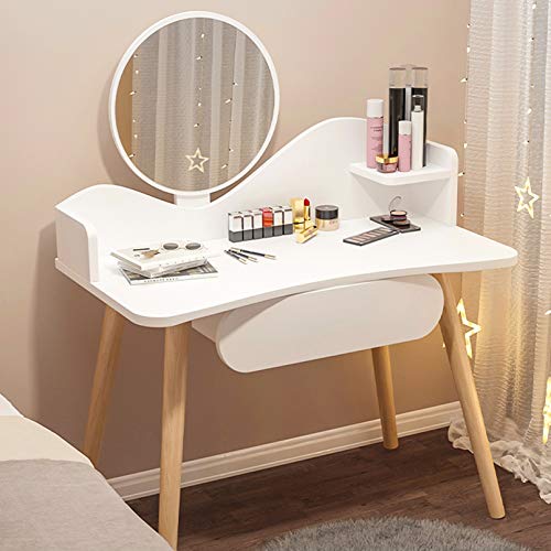 Tocador de Maquillaje Tocador blanco con espejo de atenuación de pantalla táctil, 3 modos de iluminación de color, tocador de maquillaje con cajón y estantes de almacenamiento, patas de madera maci Tocador de Maquillaje Tocador blanco con espejo de atenuación de pantalla táctil, 3 modos de iluminación de color, tocador de maquillaje con cajón y estantes de almacenamiento, patas de madera maci