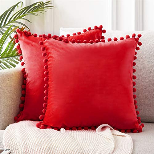 Topfinel Juego de 2 Cojines Fundas Terciopelo Decorativa Hogar Almohadas Fundas con Pelota de Color Sólido para Cama Sofás Sala de Estar Dormitorio Sala de Estudio Jardín Coche 45x45cm Rojo