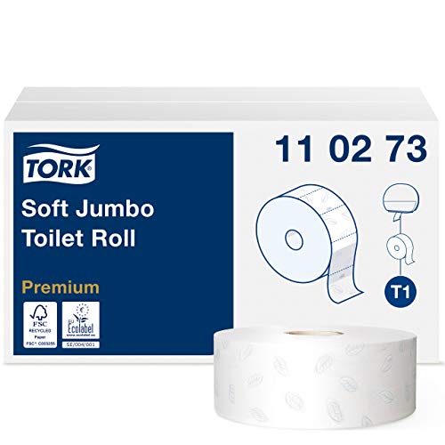 Tork 110273 Rollos de papel higiénico Jumbo Premium de larga duración de 2 capas compatibles con el sistema higiénico Jumbo Tork T1, 6 rollos (6 x 1800 hojas)