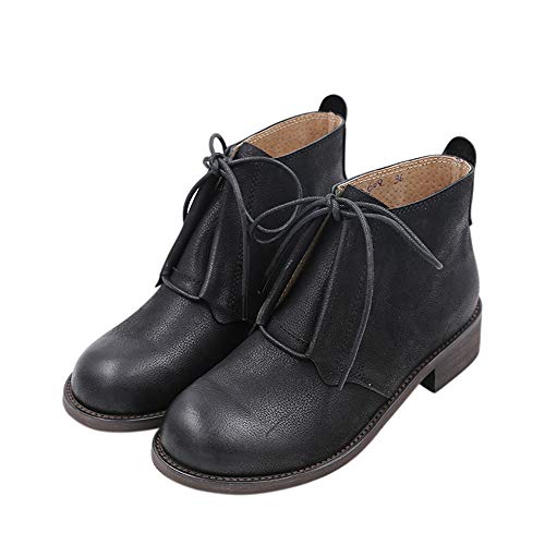 TTXLY Botines de Mujer Botines de Cabeza Redonda Botines Martin de Cuero Retro literario Zapatos de Mujer (Altura del tacón 3.5Cm),Negro,37/235mm