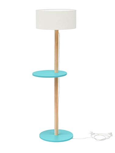 UFO Lámpara de pie de madera con estante, estilo escandinavo moderno para salón, dormitorio, comedor, altura 150 cm, E27, máx. 40 W, color turquesa oscuro con pantalla blanca