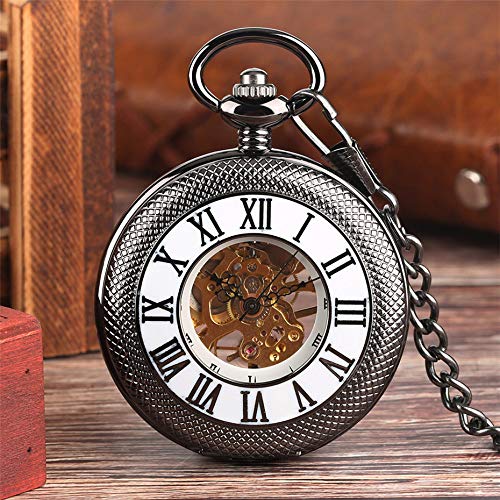 UIEMMY Reloj de bolsillo clásico con números romanos mecánicos, reloj de bolsillo con colgante de viento de mano, reloj vintage para hombre y mujer, color negro
