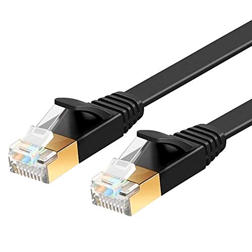 ULTRICS Cable Ethernet 15M, RJ45 Cat 7 Cordón de Red Plano 10 Gbps Alta Velocidad, STP Enchufes Enchapados en Oro Línea Internet Compatible con PS4, Xbox, Enrutador, Módem, Interruptor, PC - Negro