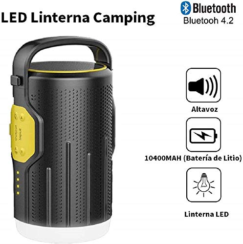 UPPEL Linterna Camping，Altavoces Bluetooth Portatiles con Bluetooth 4.2+Altavoz+200 Lúmenes Lampara Camping+10400MAH Banco de Energía+Carga USB 5 en 1 Diseño Multifuncional Luz Camping(Negro)