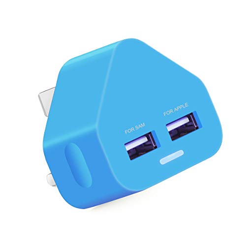 USB plug UK 3 pines enchufe USB adaptador de cargador, doble 2 AMP 2000 mAh velocidad rápida universal viaje USB cargador de pared (azul)