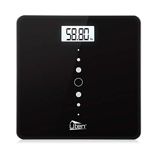 Uten Báscula de Baño Digital Alta Medición Precisa, Balanza Electrónica con Tecnología de Paso, Escala LCD Pantalla Retroiluminada 200kg/440Ib/31st, Báscula Engrosada(8mm) con Diseño Elegante, Negro